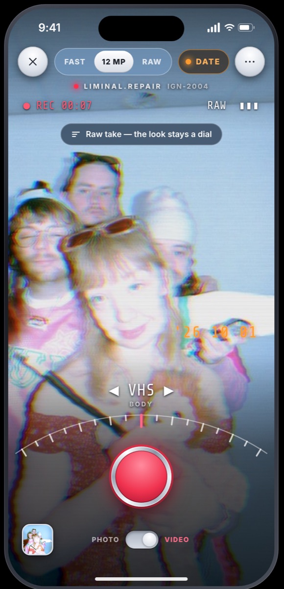 Recording: a red REC readout, a glowing red shutter, and 'Raw take — the look stays a dial'